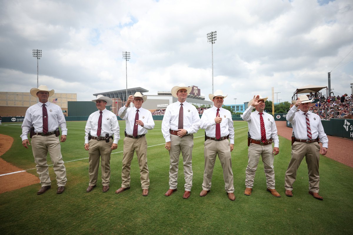 Some our state's finest taking in a little @AggieBaseball this afternoon. 🫡 Join us in welcoming the Texas Rangers to Olsen Field at Blue Bell Park! #GigEm