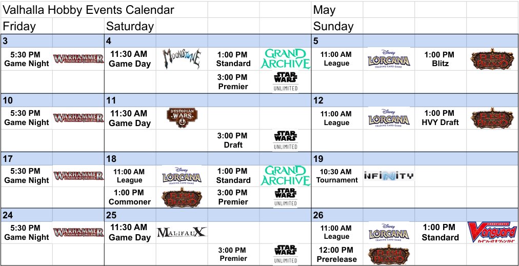 The Valhalla Hobby May Event Calendar is up!

#warhammerunderworlds #moonstone #grandarchive #starwarsunlimited #disneylorcana #fleshandblood #dystopianwars #infinitythegame #malifaux #cardfightvanguard