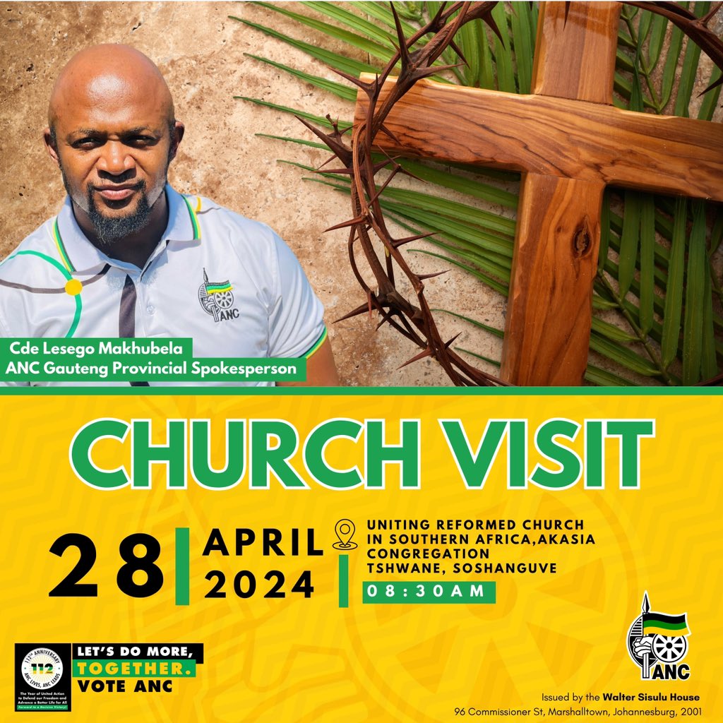 ANC Gauteng Weekend Church Visit 

Gauteng ANC Provincial Spokesperson will be engaging with church members at Uniting Reformed Church of Southern Africa Akasia Congregation in Soshanguve  tomorrow  , 28 April 2024.

#LetsDoMoreTogether
#ANCInChurch 
🖤💚💛