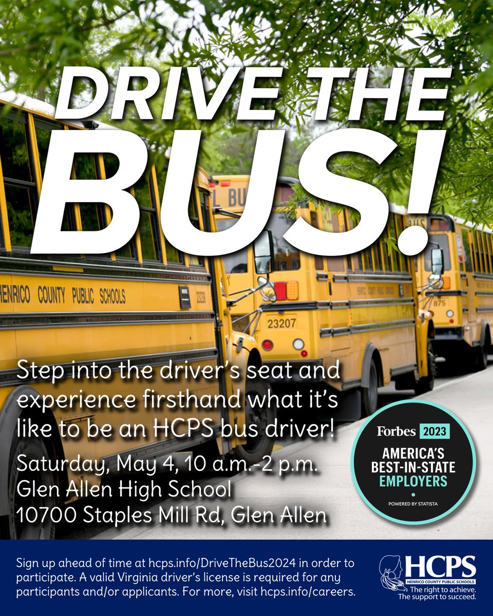 Hey, future bus drivers: It's time to get behind the wheel! 🚍

HCPS is bringing back the DRIVE THE BUS event on Saturday, May 4, from 10 a.m. to 2 p.m. at Glen Allen High School! 

Sign up ahead of time at hcps.info/DriveTheBus2024. For more info, go to henricoschools.us/article/1570574.