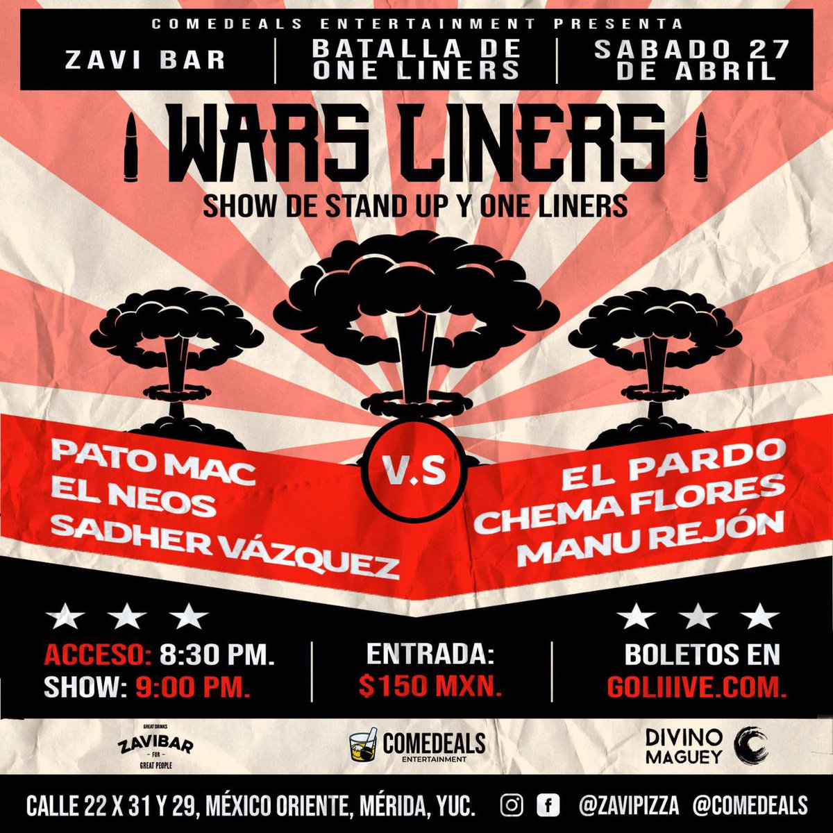 HOY sábado 27 de abril en ZAVI BAR,  Colonia Mexico #Merida hay show de #Oneliners y hay boletos! 

goliiive.com/wars-liners