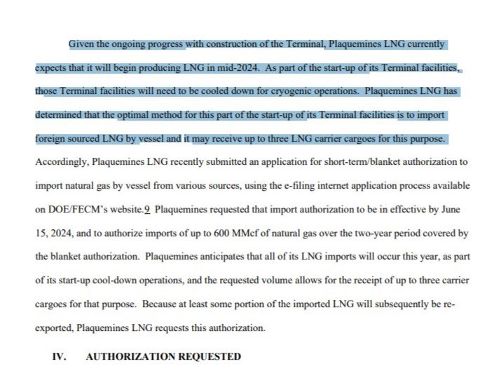 Venture Global plans to begin production at Plaquemines LNG mid-2024 but cooldown will require IMPORTING three LNG cargoes   VG wants to start imports by June 15 and re-export portions later   Details at is.gd/d9NxO3   #LNG #ONGT #NatGas #Shale #OOTT #NOLA #Louisiana