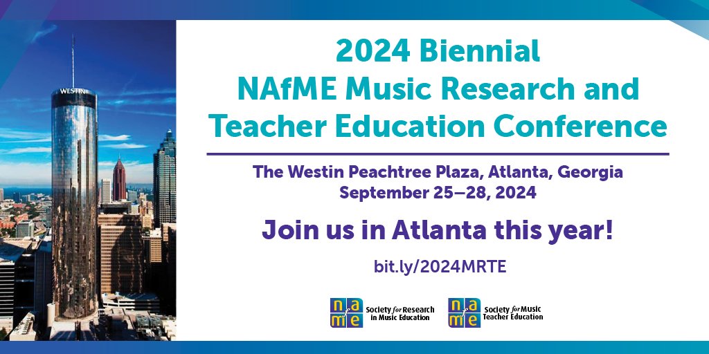 Registration is NOW OPEN for the 2024 Biennial NAfME Music Research and Teacher Education National Conference! Bit.ly/2024MRTE Join us in Atlanta this September – early bird rates are available, and check out the NAfME Room Block. #NAfME2024