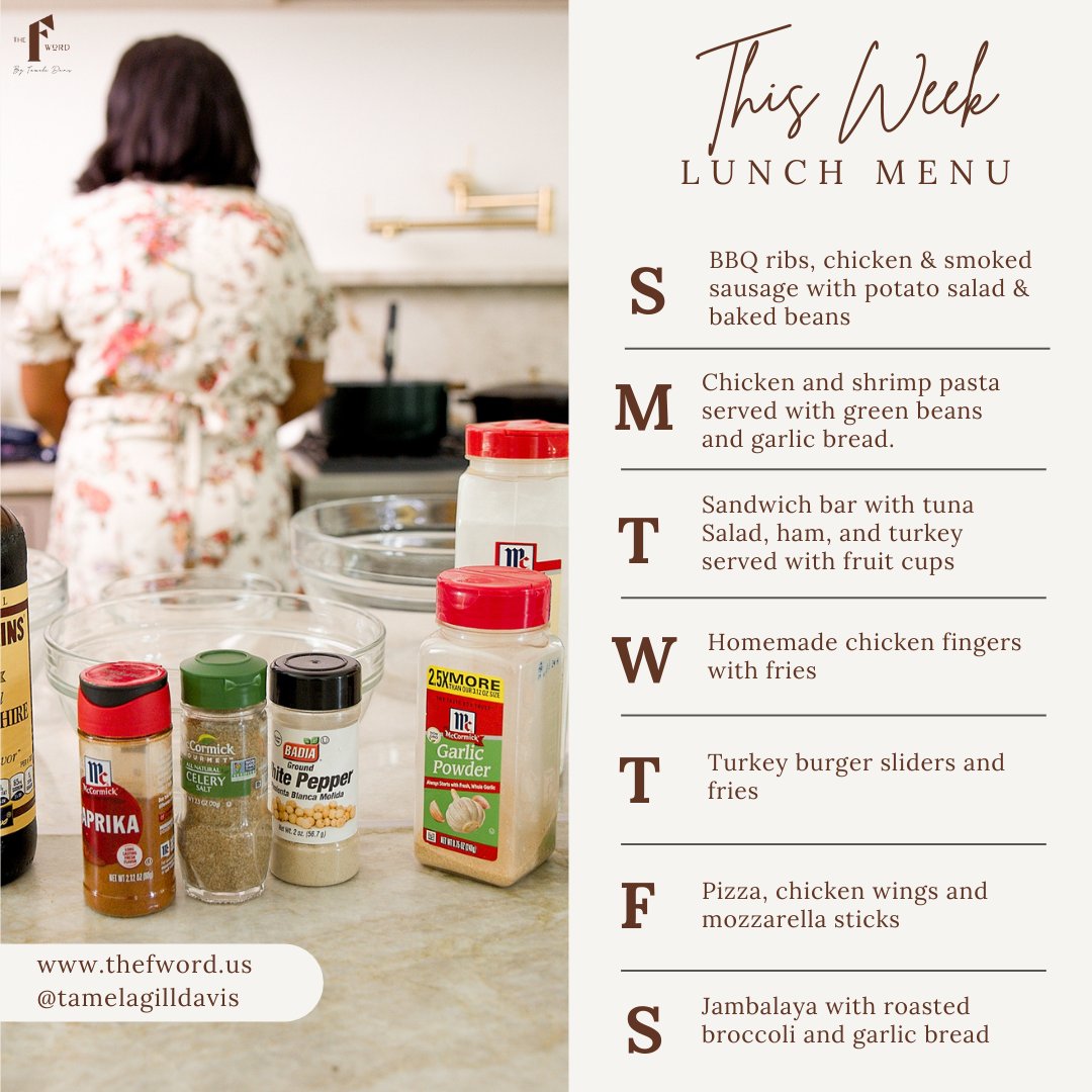 Lunch is served! 😋 Swipe ➡️ for this week's lunch menu packed with fun, easy meals you and your family are going to love! #lunchidea #lunchrecipes #foodideas #mealplanner #familymeals #theFword #tamelagilldavis