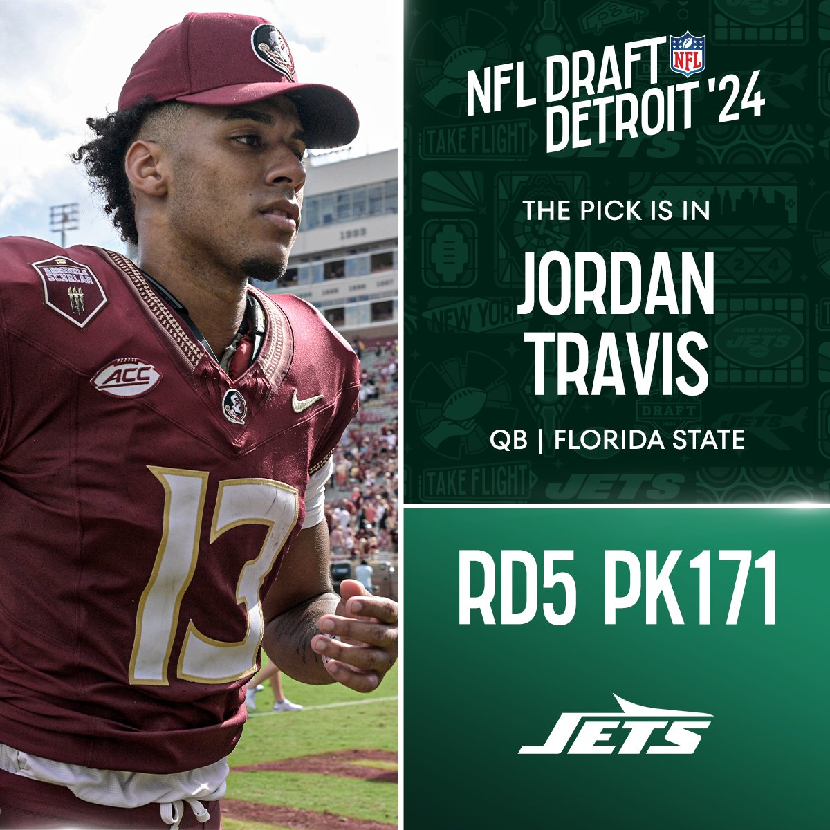 With the No. 171 overall pick in the 2024 @NFLDraft, the @nyjets select Jordan Travis! 📺: #NFLDraft on NFLN/ESPN/ABC 📱: Stream on #NFLPlus