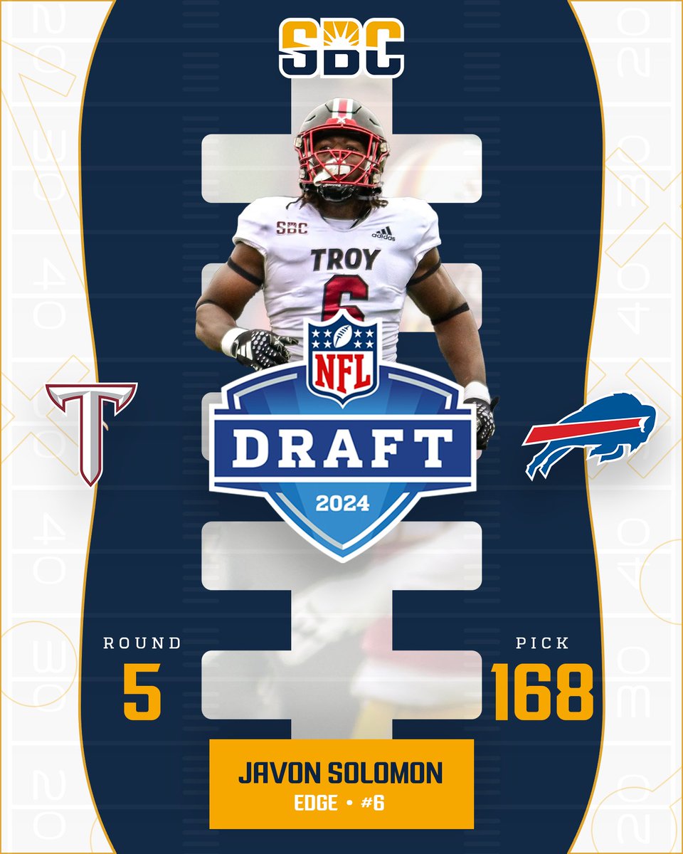 𝗝𝗔𝗩𝗢𝗡 𝗦𝗢𝗟𝗢𝗠𝗢𝗡. With the 168th pick in the 2024 @NFLDraft, the @BuffaloBills select Javon Solomon from @TroyTrojansFB. Solomon was an All-Sun Belt First Team honoree in 2023. ☀️🏈 @SunBeltFB x #NFLDraft