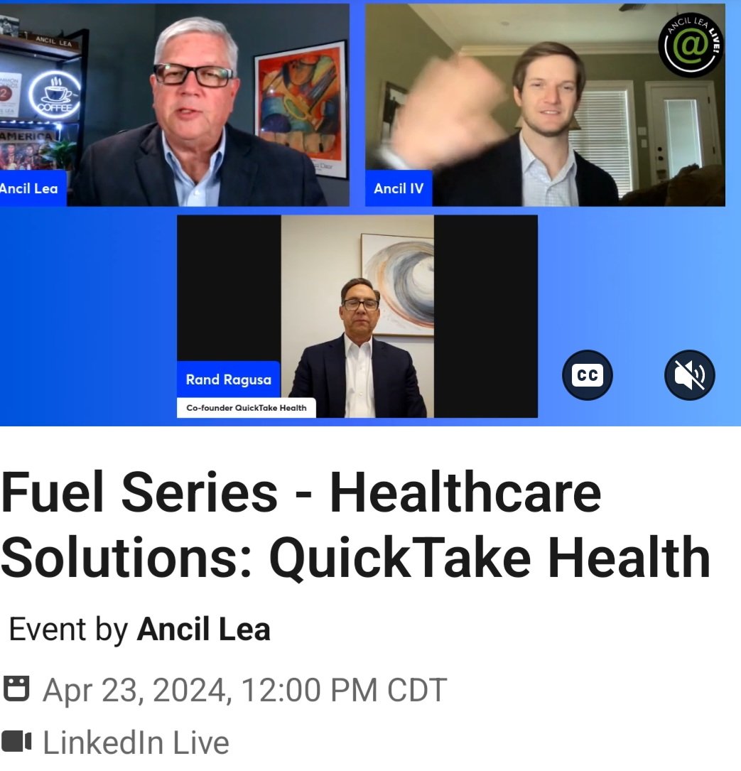 Thank you Ancil Lea for featuring QuickTake Health on your awesome podcast to talk about QuickTake's mission to eliminate manual data entry errors during the patient intake process!

linkedin.com/events/fuelser…

#FuelAccelerator #QuickTakeHealth 

<a href="/QuickTakeHealth/">QuickTake Health</a>
<a href="/startup_junkie/">Startup Junkie</a>