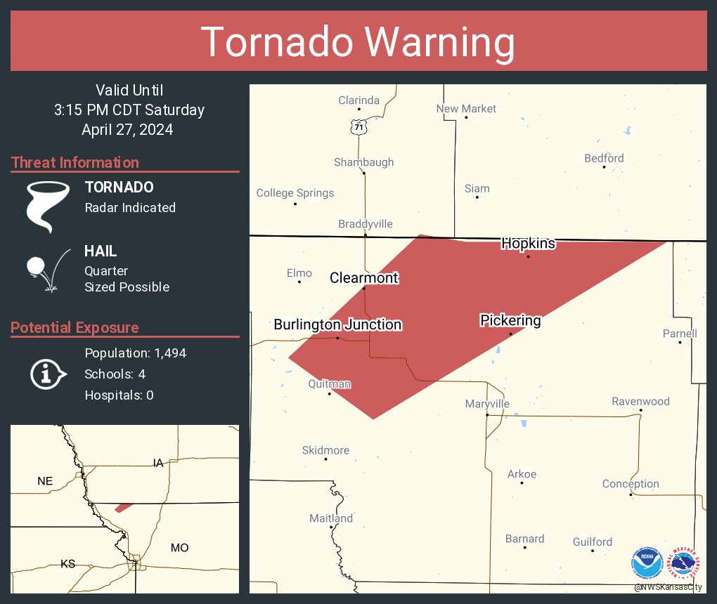 Tornado Warning including Burlington Junction MO, Hopkins MO and Clearmont MO until 3:15 PM CDT