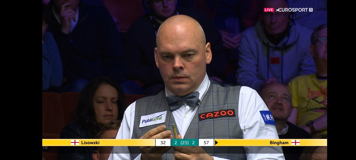 Me importa tres co...minos quien me quiera llamar pesado. Ver a uno de mis jugadores favoritos, @Stuart__Bingham, en el Crucible luchando por llegar a cuartos del Campeonato del Mundo. Con el logo de una empresa española, de @PubliGenilGroup, me llena de emoción.