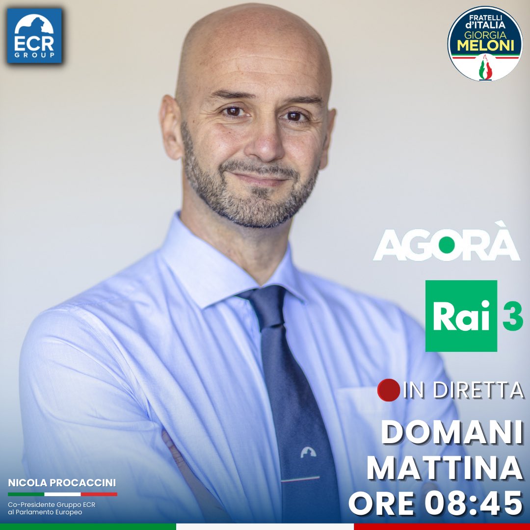 Domani mattina alle 08:45, in diretta dalla Conferenza programmatica di Fratelli d’Italia a Pescara, sarò ad Agorà, su Rai3! 😉