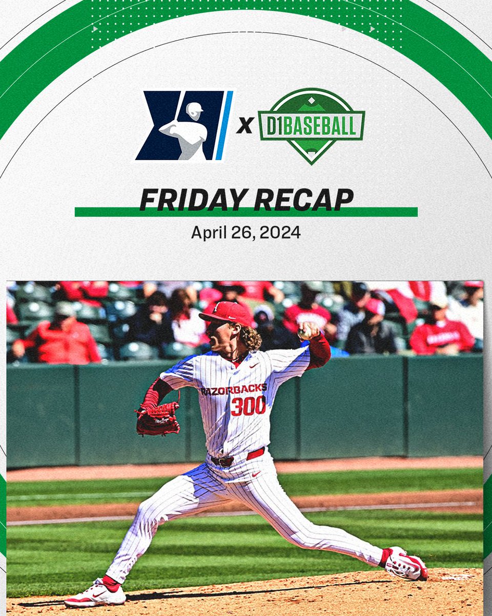 Friday Recap 🗞️⚾️ » @RazorbackBSB Hagen Smith put in work on the mound » @BeaverBaseball Aiden May didn’t stay down for long » All @RaginCajunsBSB needs is shortstop Kyle DeBarge #NCAABaseball x @d1baseball 🔗 d1baseball.com/roundup/d1-dig…