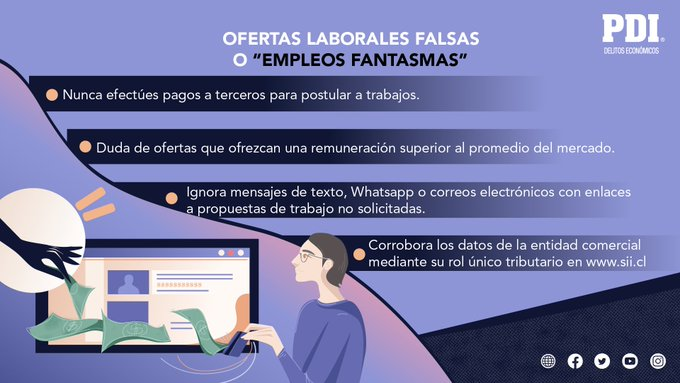 Si estás en búsqueda de #trabajo:  Sigue las recomendaciones de la Brigada Investigadora de Delitos Económicos y así evita caer en ofertas laborales fraudulentas ❌ #Valdiviacl #LosRios #Valdivia #ElRanco