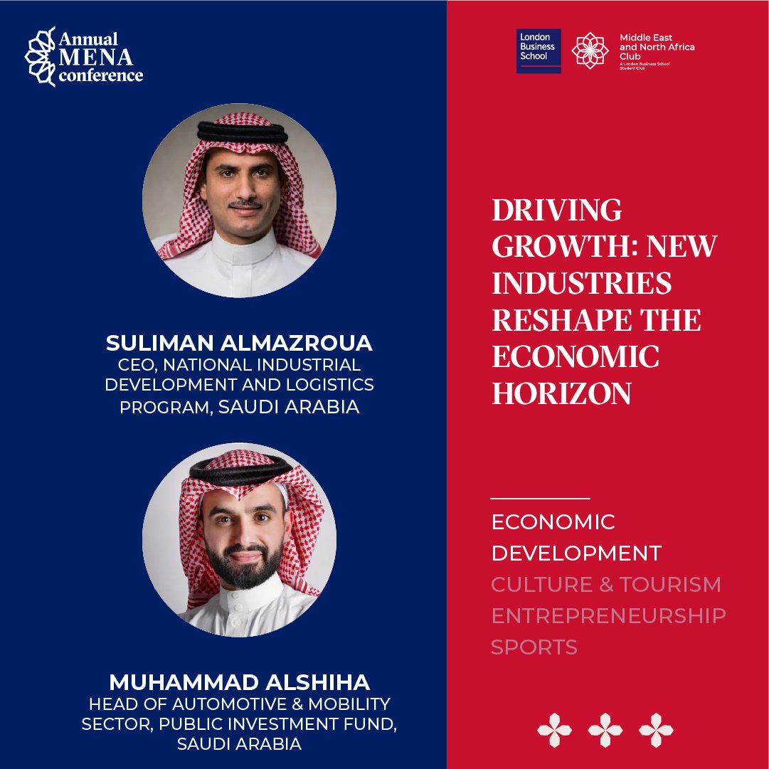 LBSMENA's tweet photo. Exciting Speaker Announcement for the Annual 21st MENA Conference! 
 
We're  eager to introduce the following set of speakers for our prestigious  event, themed Pathways to Prosperity: Visions, Ventures, and Values.  This lineup of exceptional individuals is set to challenge our thoughts  and expand our understanding in ‘Economic Development’. Join us to  engage with leaders and pioneers from around the globe. 
 
🎤 Meet Our Latest Speakers: 
 
@SulimanMazroua: CEO of the National Industrial Development and Logistics Program @NIDLP_2030 
Muhammad AlShiha: Head of Automotive & Mobility Sector at Public Investment Fund @PIF_en 
 
📅 Save the Date: 4th & 5th May 
🌐 Tickets: https://t.co/KezGDvQftU 
 
More  exciting updates and speaker details to come. Be a part of this  transformative experience. Register now and ensure your place among  thought leaders: https://t.co/KezGDvQftU 
 
#SpeakerAnnouncement #Conference #IndustryLeaders #Innovation #Networking #EconomicDevelopment #LBSMENA24