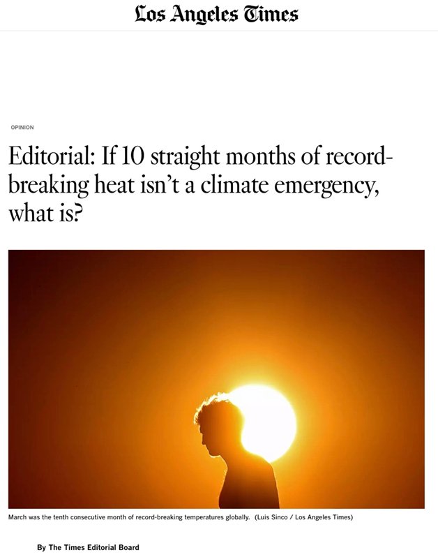 LA Times ‘Climate Emergency’ Editorial Claimed that ‘The planet is experiencing a horrifying streak of record-breaking heat’ – But Claim is Unsupported by NOAA’s Climate Data climatedepot.com/2024/04/27/l-a…