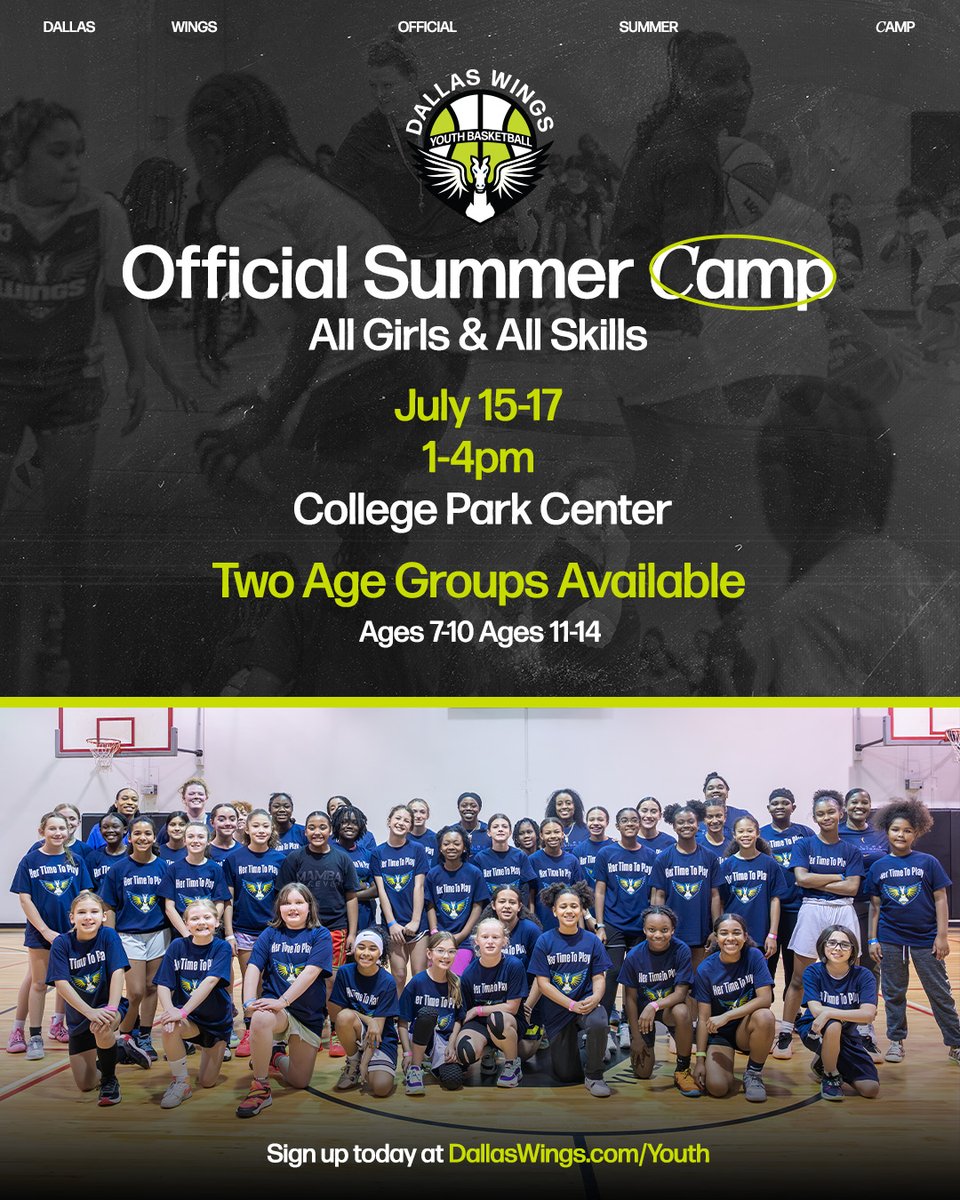 Calling all young hoopers 🗣️ Join us for the best camp and tickets of the summer! Register for the All Girls Dallas Wings Summer Camp on July 15-17! See you at The Park! 🔗 on.nba.com/3JDcGJr