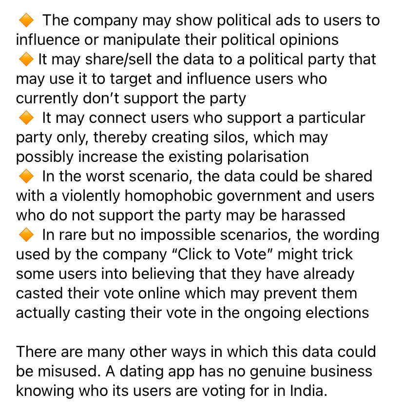 There are several concerns with a dating app collecting data about users’ political affiliations without disclosing what this data will be used for. Hope this helps you to better understand what our actual problem is. @PlanetRomeo