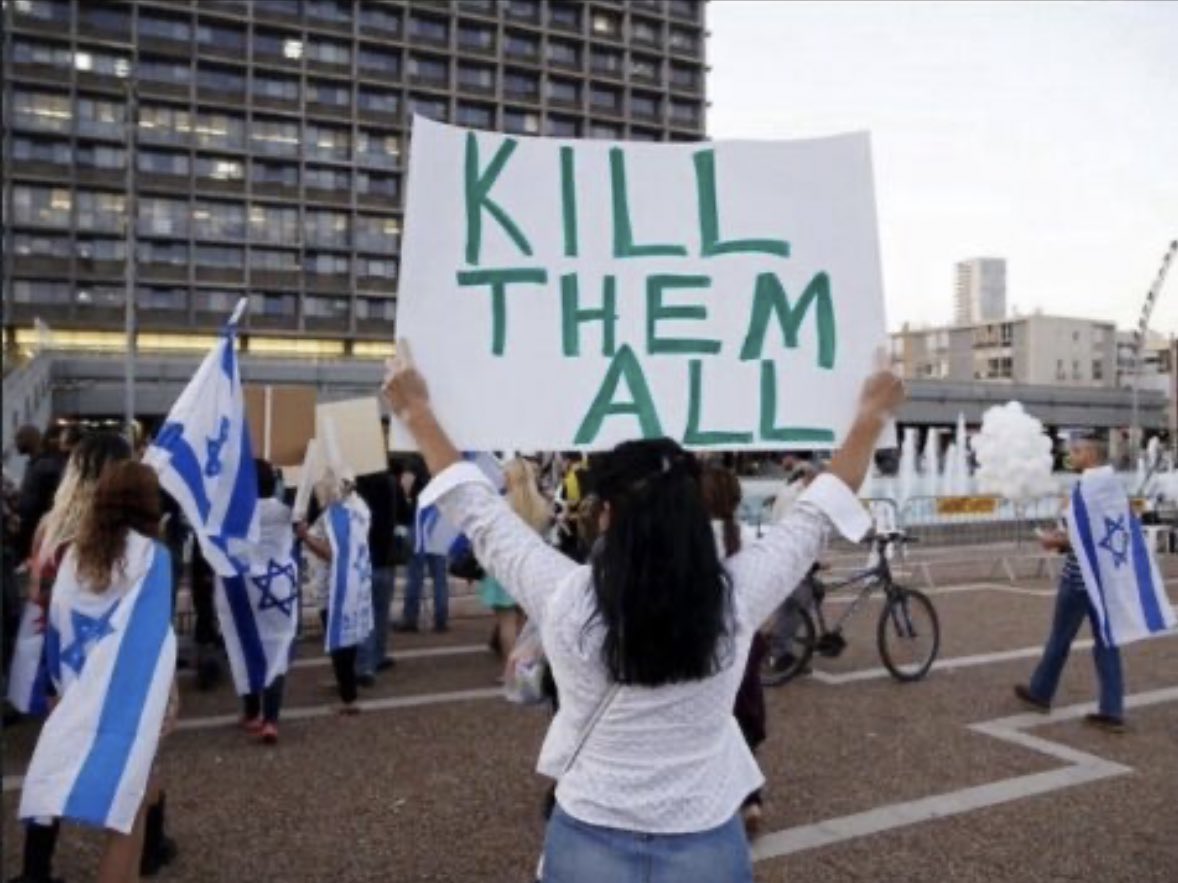 Just imagine if I was the one holding a sign that said that? What would happen?

Or Imagine what would happen if this was said about anybody else aside from Palestinians, Arabs or Muslims?

Why do Israelis seem to be beyond world law?