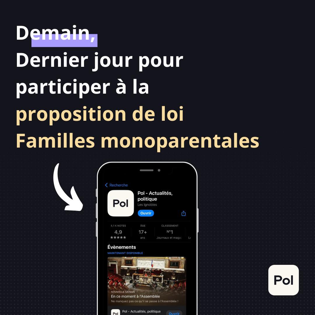 Demain se finira la consultation sur la PPL Familles monoparentales lancée il y a une dizaine de jours sur l’application Pol. 

C'est déjà un carton avec près de 10 000 votants chaque jour ! On compte sur vous.

➡️ pol-app.fr