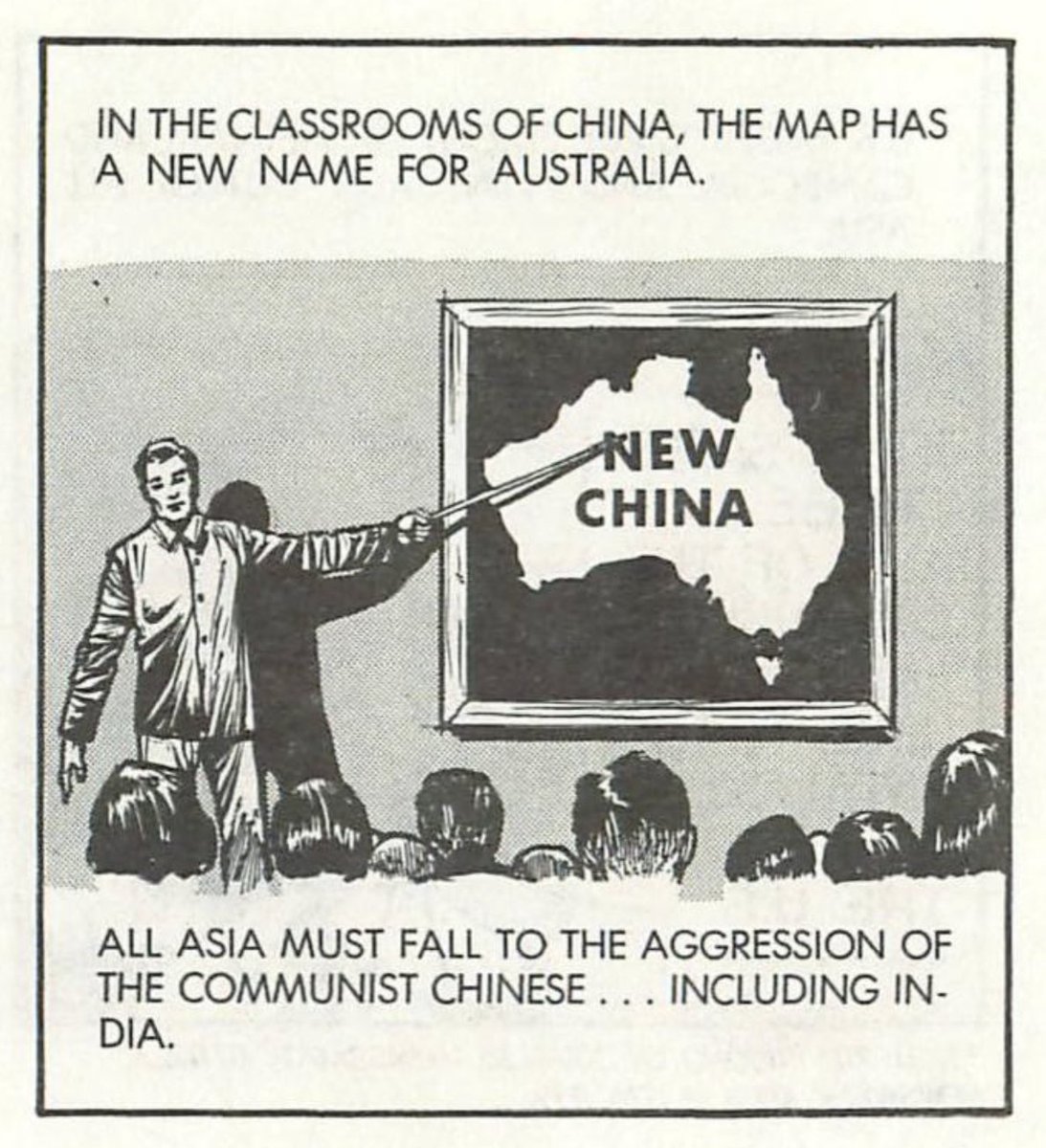 'In the classrooms of China, the map has a new name for Australia' — American anti-communist cartoon (1975) showing a Chinese teacher pointing to an Australia conquered and renamed 'New China'.