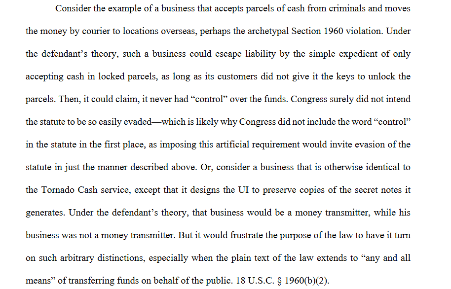 of the many frustrating parts of the government's reply brief in the tornado cash, this tortured analogy is one of the worst. the cash courier has immensely more options and control over funds than tornado cash ever did. notably, 1) the cash courier can choose which customers…