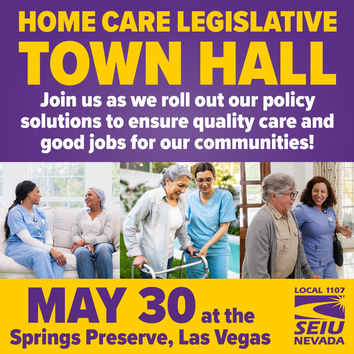 Join Our Home Care Legislative Town Hall!  

WHEN: Thursday, May 30, 2024 
Food and refreshments at 6 pm, program begins at 7 pm  

WHERE: Springs Preserve, 333 S. Valley View Blvd., Las Vegas  

RSVP: bit.ly/homecaretownha… 

#HomeCareForNV #CareIsEssential #NVLeg #NVPol
