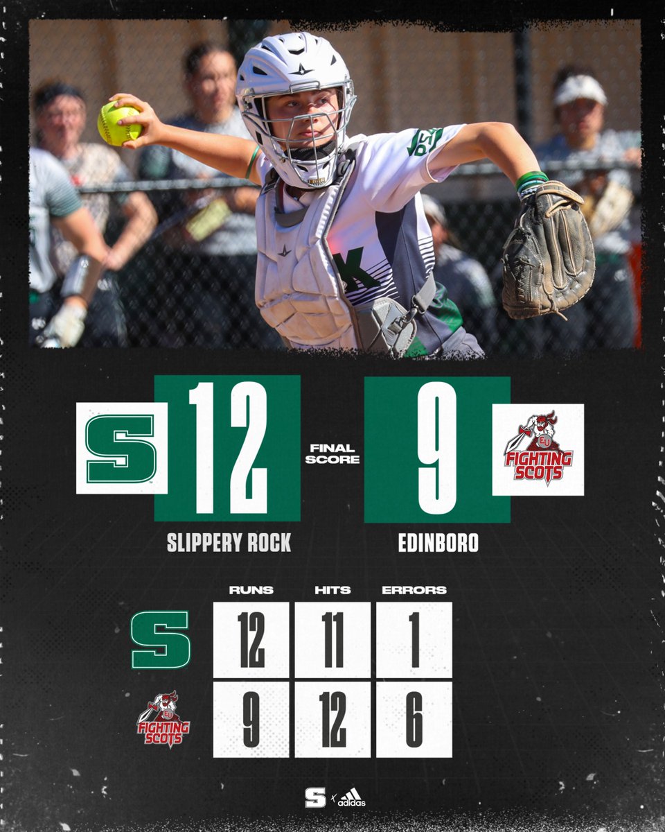 SB: ROCK WINS! Slippery Rock survived a late Edinboro rally to defeat the Fighting Scots in game one, 12-9. After Julia Montie homered early, Sarah Brown's first career home run broke SRU's single-season home run record with 47 on the year!