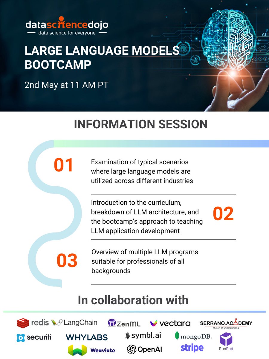 📢 Don't forget to join us on May 2nd to #learn about the first, and most comprehensive, in-person #LLMbootcamp anywhere in the world: hubs.la/Q02tFtPz0

#AIBootcamp #LanguageModels #LargeLanguageModel #AI #LLM #artificialintelligence