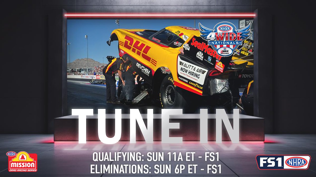 Tune-in as @JRTodd373 & @TeamKalitta take on #4WideNats in Concord, NC! 💥 TV Times: Qualifying: Sunday 11a-1p ET on FS1 Eliminations: Sunday 6-9p ET on FS1 #DHLTeamKalitta #SpeedForAll #NHRAonFOX