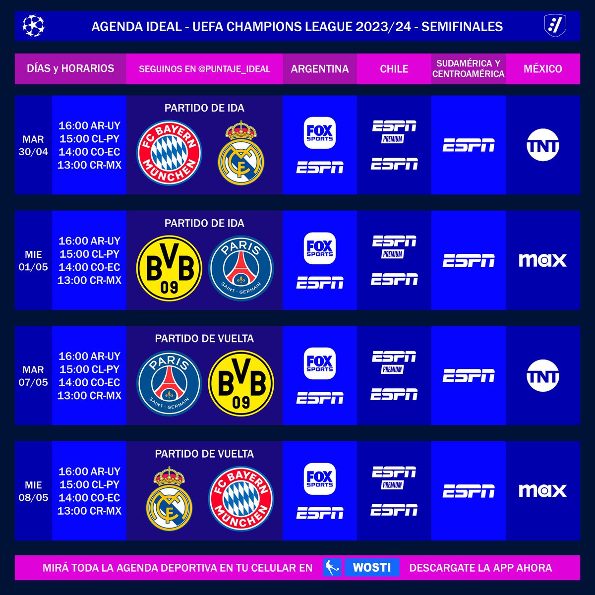 ⚽ #AgendaIdeal - #UCL | Así se verán las semifinales de la UEFA Champions League 2023/24 en Latinoamérica. 📌 Mirá la agenda futbolera completa en la app de @futbolenlatv, disponible en Android (bitly.ws/3d4ki) y iOS (bitly.ws/3d4kP) ⚠️ Sujeto a cambios.