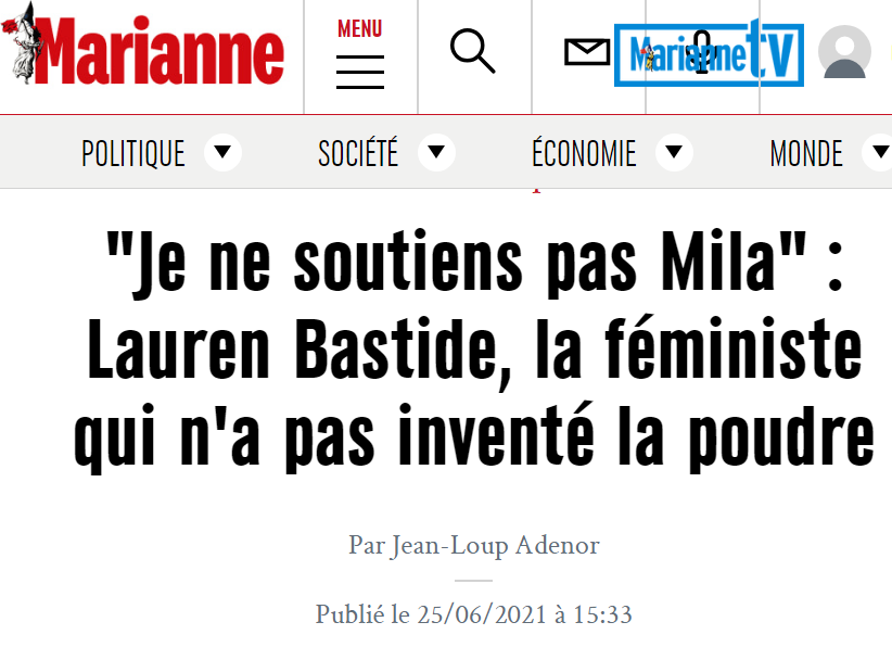 Une pensée pour Lauren Bastide, qui avait été vilipendée par la clique pseudo-universaliste (Franc-Tireur, Maeso, Marianne...) parce qu'elle refusait de soutenir une faf. Le réel tort de Lauren Bastide: avoir décelé bien avant eux qui était vraiment Mila.