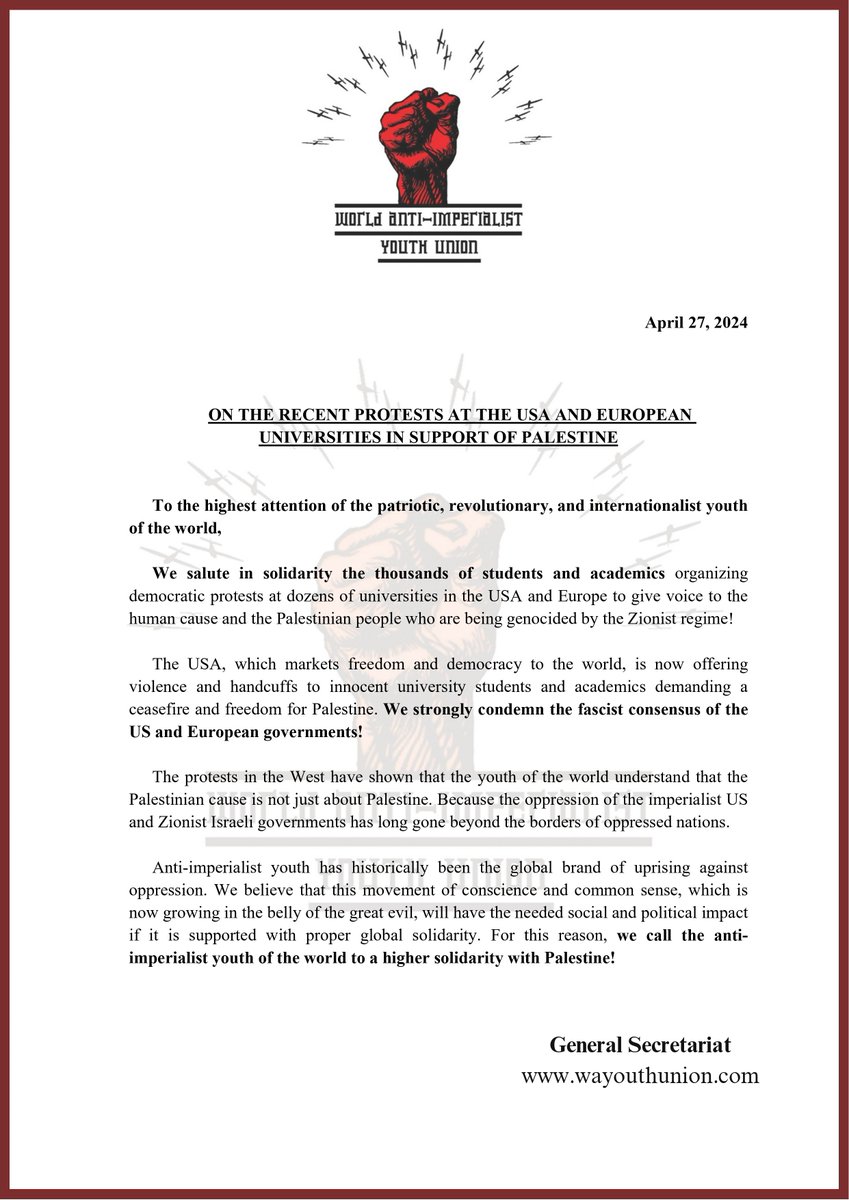 We salute in solidarity our fellow students organizing democratic protests at dozens of universities in the USA and Europe to give voice to the human cause and the Palestinian people who are being genocided by the Zionist regime!

#GlobalUprising

tinyurl.com/wayouthunion