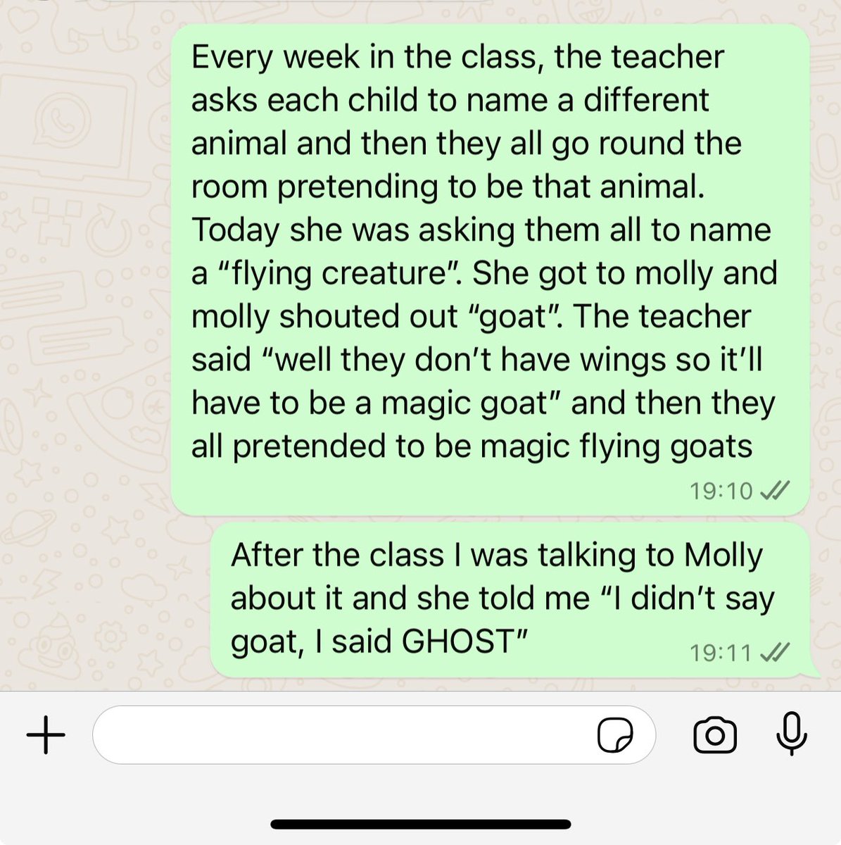 Updating my mum on the latest from my daughter’s ballet class. (Molly is 3)