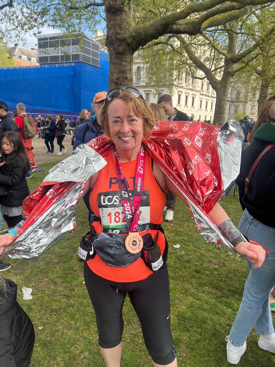 A proud moment for our team as our chair, @pat_price finishes her eighth London marathon with a PB! Pat started running 12 years ago and hopes to encourage others to get active and support our #Miles4Radiotherapy summer challenge in aid of #CatchUpWithCancer campaign 🧡