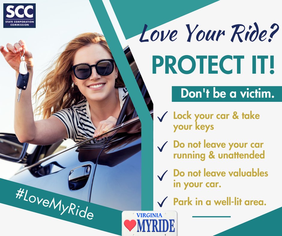 Thefts of motor vehicles & thefts from motor vehicles can happen anywhere, anytime & to any type of vehicle. Protect your vehicle & understand your #insurance coverage & what to do if your vehicle is stolen. scc.virginia.gov/pages/Theft-Pr… #LoveMyRide #vehicletheftprevention