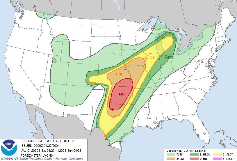 3:02pm CDT #SPC Day1 Outlook Moderate Risk: over parts of the southern and central Plains spc.noaa.gov/products/outlo…