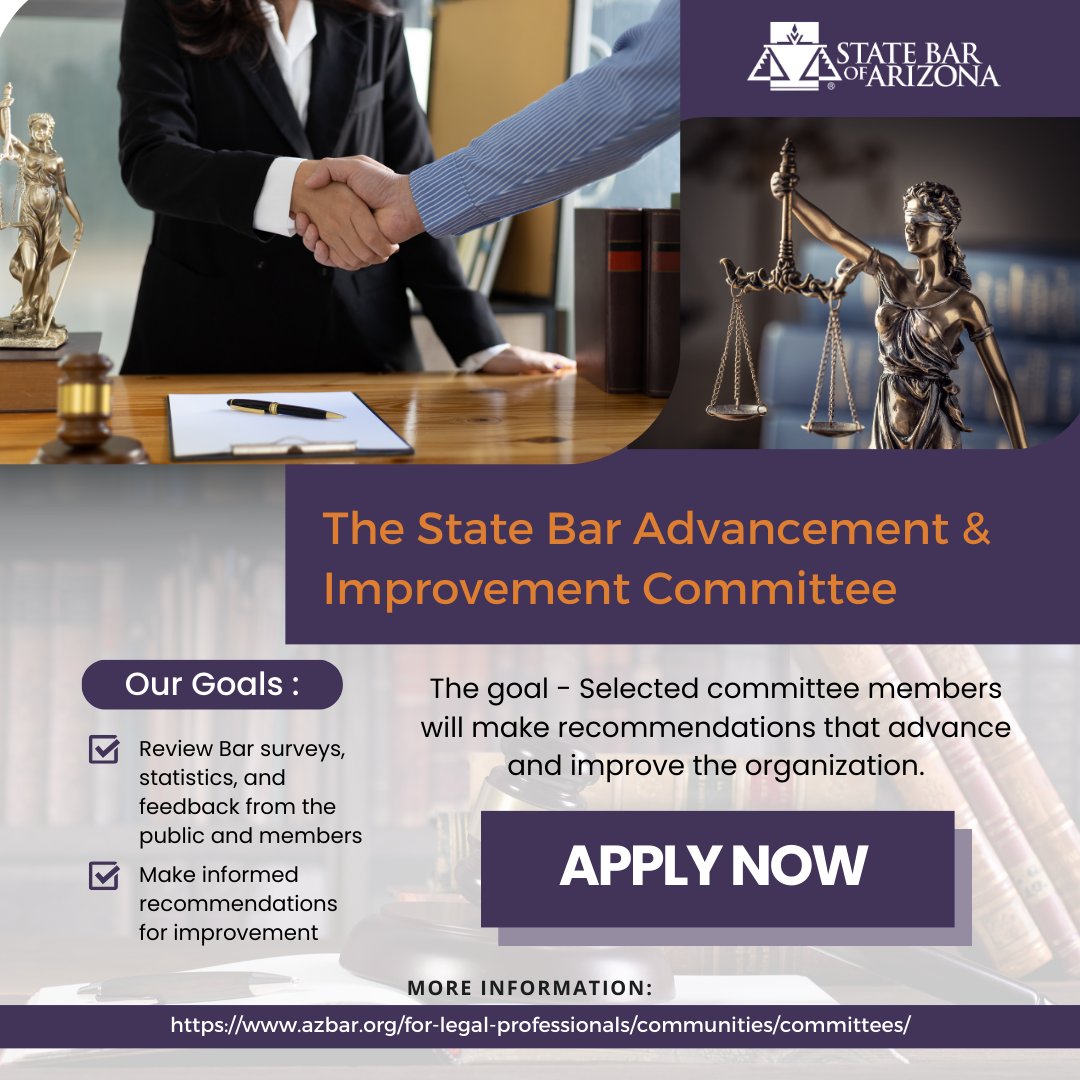 The goal of the State Bar Advancement & Improvement Committee is to enhance our organization through insightful recommendations.🌟 If you're passionate about making a difference, join us in shaping the future of the Bar. Apply now! #MakeADifference⚖️ ow.ly/ZctT50RffxH