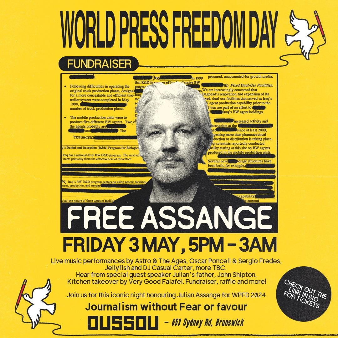 Step into a world of music, solidarity, and activism at our beloved Bar Oussou in Melbourne, Brunswick on World Press Freedom Day as we get behind Julian Assange's fight for freedom.✊ 👉 action.assangecampaign.org.au/world-press-fr… #WorldPressFreedomDay #Brunswick #FreeAssange #Assange @BarOussou