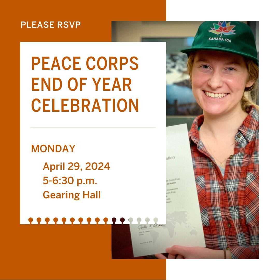 Join us Monday to honor our Longhorn @PeaceCorps community. 🕊️ Students leaving for service can ask our advisors any questions, and guests can join to celebrate this act of service. Please RSVP so we have an accurate count for food! More: utx.global/3UdZzmR.