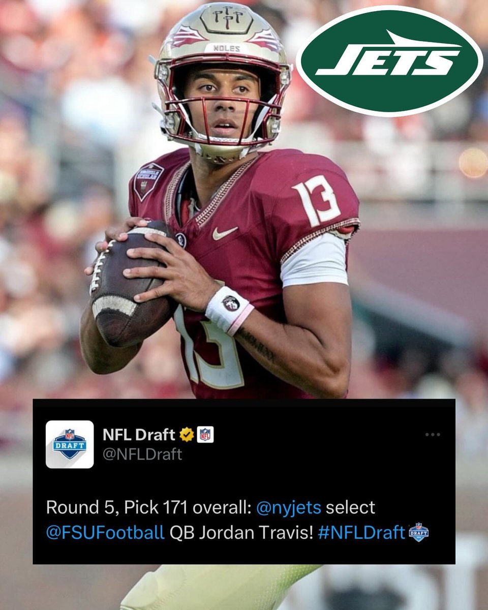 With The 171st Pick In The 2024 NFL Draft, The New York Jets Select @jordantrav13, QB, #FSU.🔥🍢 The Former 3🌟 Recruit Becomes The 301st Draft Pick In #FSU History As He Becomes The Seventh Seminole Selected In The Draft. (📸: Melina Myers) #GoNoles #ProNoles #KeepCLIMBing