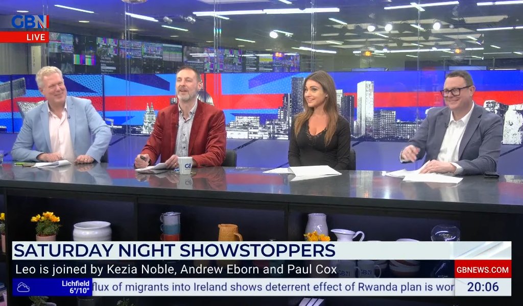 The Saturday Night Showdown! Follow along to @LeoKearse + @RayAddisonLive (Follow me please both!) Showstoppers: @AndrewEborn, @kezia_noble and @PaulCoxComedy. Three gentlemen with the tie, one has and true lady with respect. Turn to @GBNEWS now. @GBNUpdates #GBNews