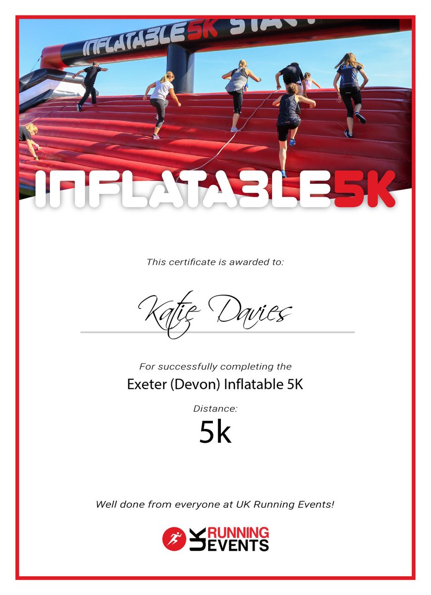 Our certificates from today's Inflatable 5K.

'Running 80K In May For Marie Curie' fundraiser: bio.link/grahamrlawrence

#Inflatable5K #Westpoint #Exeter #MarieCurie #Fundraiser #GrahamsRunForMarieCurie #Running