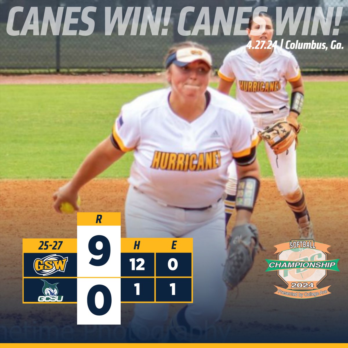 Over in 5 innings🏳️ @_GSWSoftball (2-0) advances to the championship of its double-elimination pod after rolling thru Georgia College, plays Sunday @ 12 Graceanne Spears - CG, 1 H, 1 BB, 4 K Lacey Rutledge - 2-4, 3 RBI Ashlyn Rogers - 2-4, HR, 2 RBI Jacie Johns - 2-4, 2B, 2 RBI