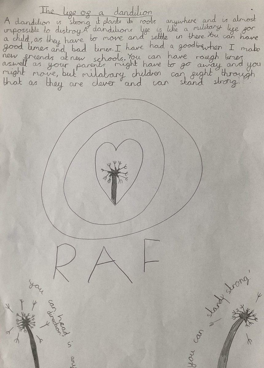 Beautiful poetry completed by our military children during their #motMC workshops @LittleTroopers_ #dandilion @RAF_Shawbury