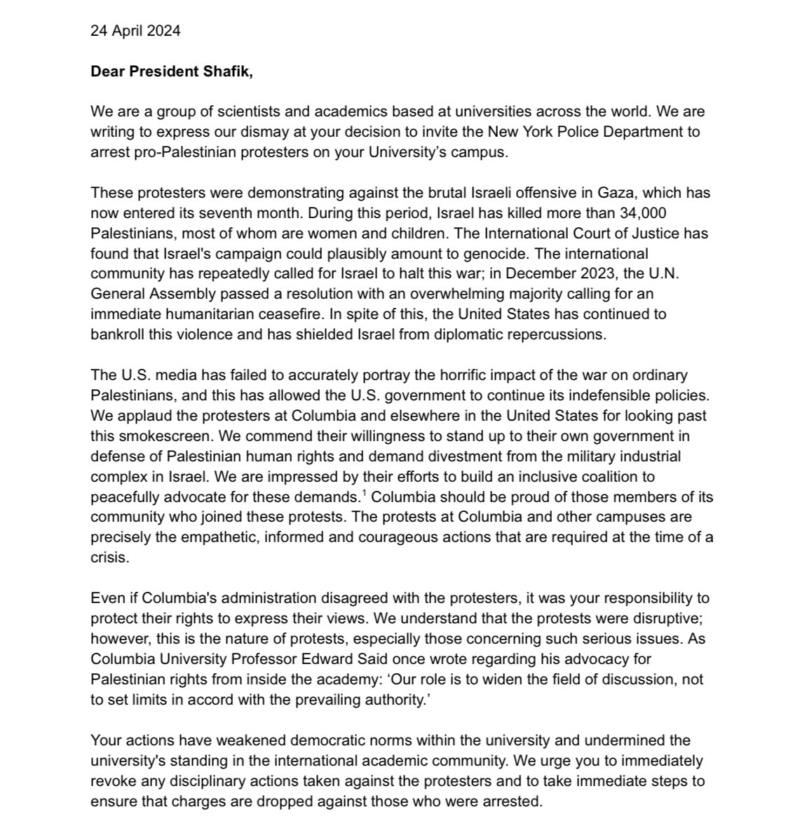 Nearly 1000 scientists & academics worldwide from India & the US to France & Mozambique condemn Columbia. Applaud American students for looking past the “smokescreen” of US media + building “an inclusive coalition to peacefully advocate” for Palestinian human rights & divestment.