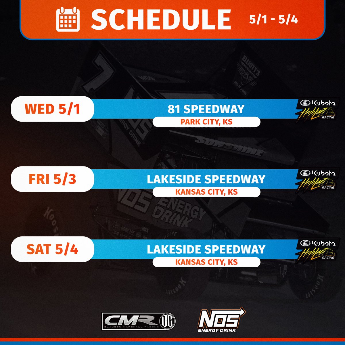 This week's schedule for @TyCourtney7BC and the @NOSEnergyDrink #7BC team in Kansas! Which nights will we see you at the track? #TylerCourtney #Sunshine #NOSEnergyDrink #NOSEnergyBrandPartner #ClausonMarshallRacing