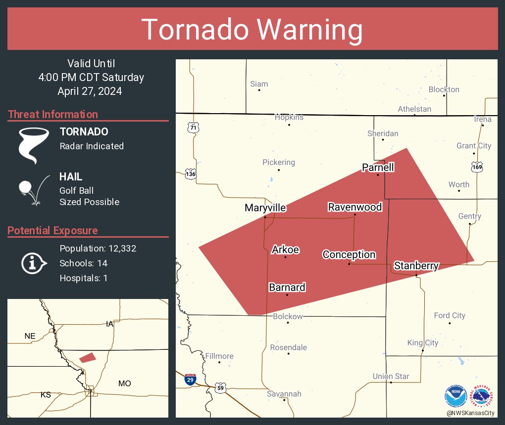 Tornado Warning including Maryville MO, Stanberry MO and Ravenwood MO until 4:00 PM CDT