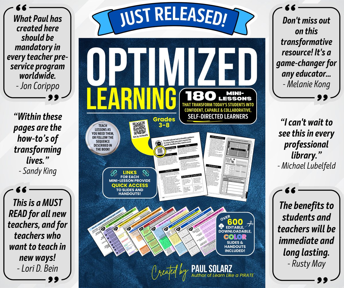 JUST PUBLISHED!!! 'Optimized Learning' is now available on Amazon here: bit.ly/OptLearn. Please spread the word! Optimized Learning is a complete program of 180 mini-lessons that teaches students in grades 3-8 powerful methods for how to learn effectively & efficiently.