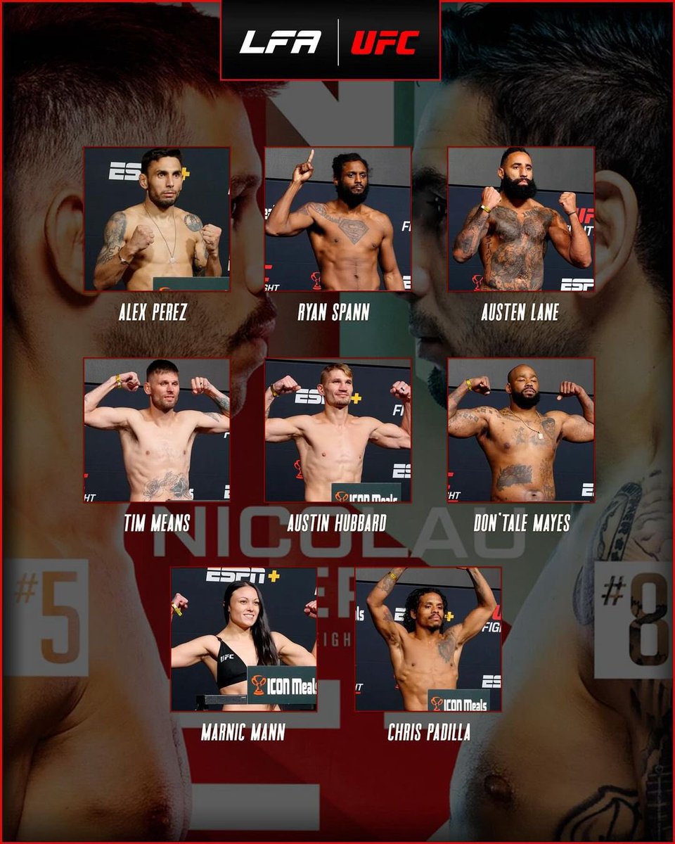 Good luck to these LFA greats!

@AlexPerezMMA

@Superman_Spann

@A_Train_92

#TimMeans

#AustinHubbard

@LordKongMayes

@SSavage115

@ChrisWarTaco

#MMA
#LFANation
#UFCVegas91