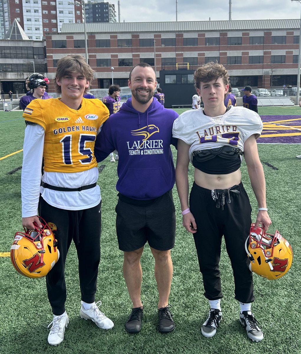 A trio of Nelson Lords at the @LaurierFootball High School ID Camp today in Waterloo. Hawks Strength & Conditioning Coach and former Lord @JoshVandeweerd is flanked by Starting QB @zachislip and WR Everett Langdon 🔴🟡🏈 #GoLords