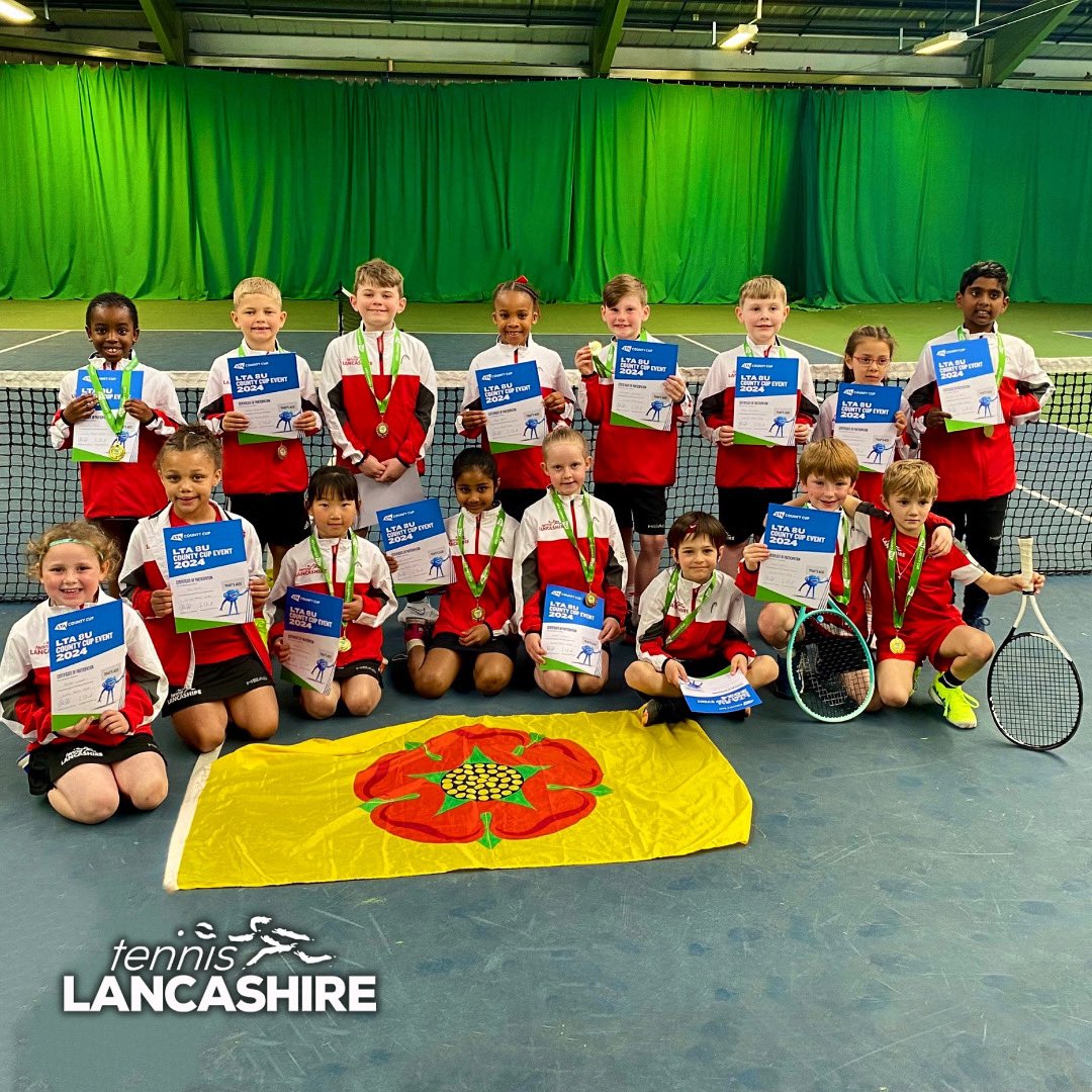 Well done to all the players who represented Lancashire 8 & Under Teams in the LTA #CountyCup at the Wirral Tennis Centre. A special well done to the Girls A Team and Boys A Team who finished top of their groups! 🏆🥇🎾🌹